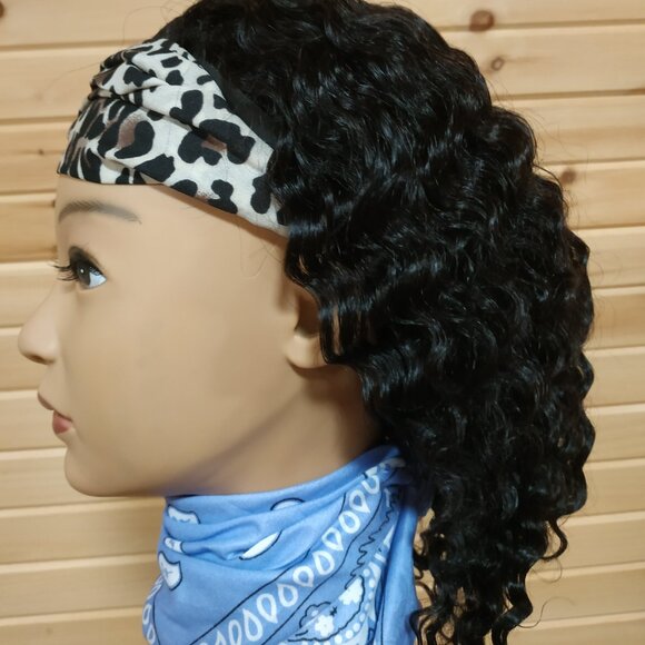 14" Real Human Hair Deep Wave Headband Wig, Black - Picture 1 of 7
